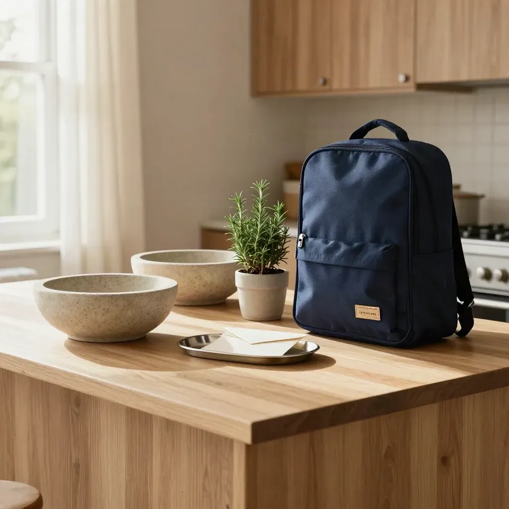 Welsh family kitchen reset with school bag, key bowls, envelope tray and rosemary plant in warm morning light