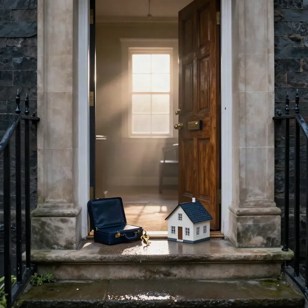 Rainy Cardiff townhouse doorway with keys, navy case and model home at dawn