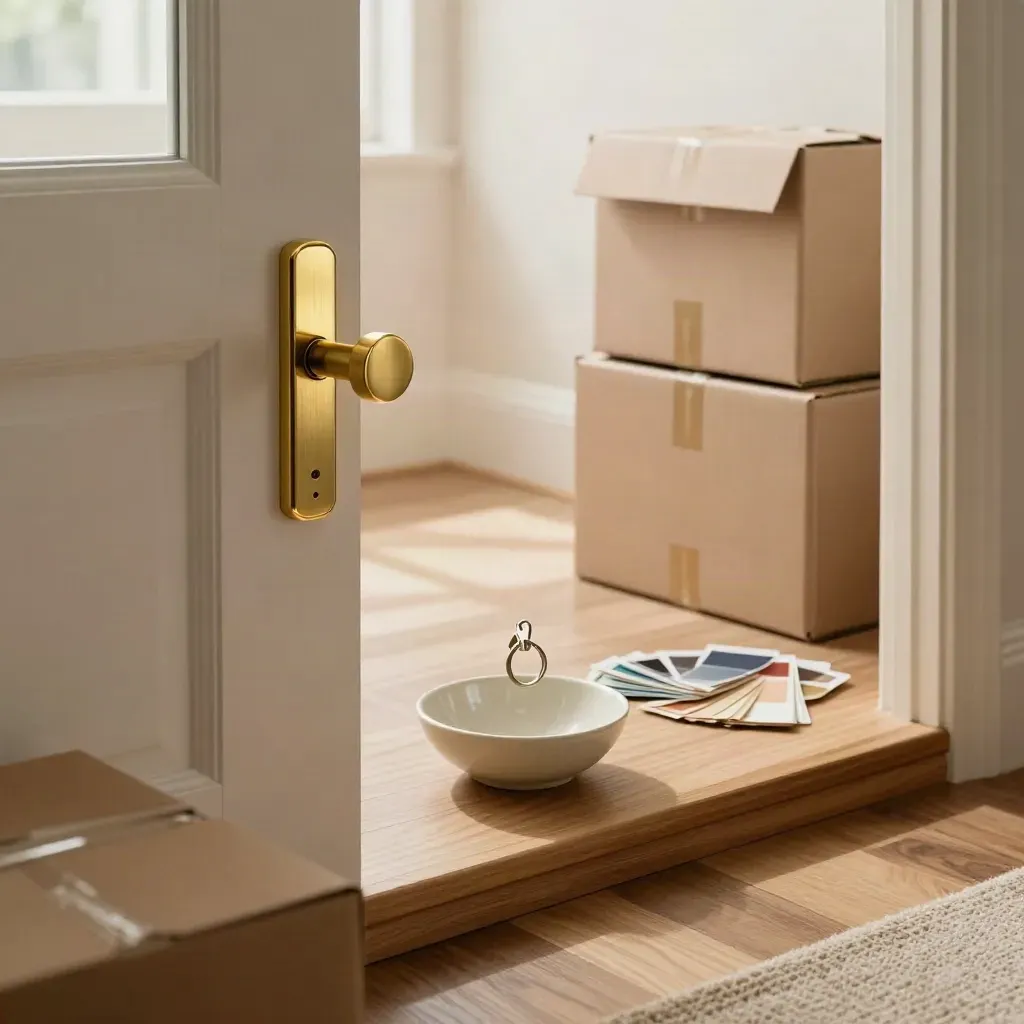 Brass door lock, keys, paint swatches and moving boxes in a bright hallway ready for handover.