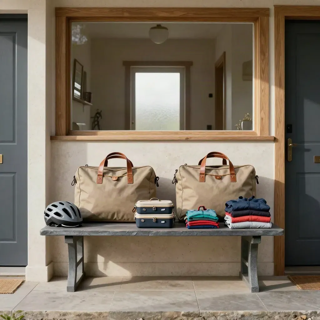 Front-door bench with overnight bags, lunchboxes and a helmet in a tidy family handover scene.