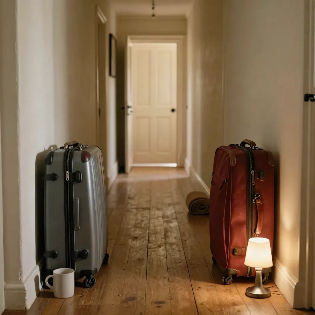 Split hallway with two suitcases, two mugs, a lamp and rolled throw, lit by a back door glow.