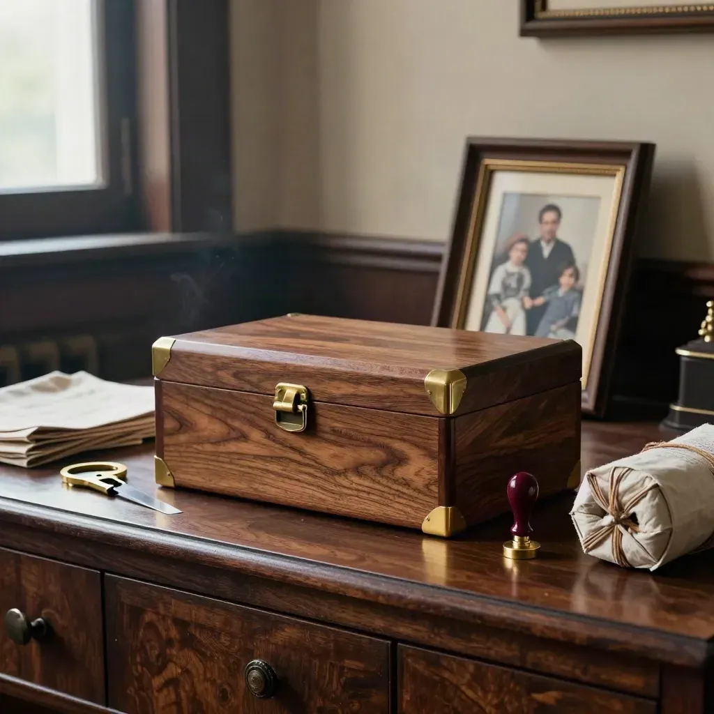 Cedar probate box, brass letter opener, wax seal, and face-down photo on a walnut sideboard.