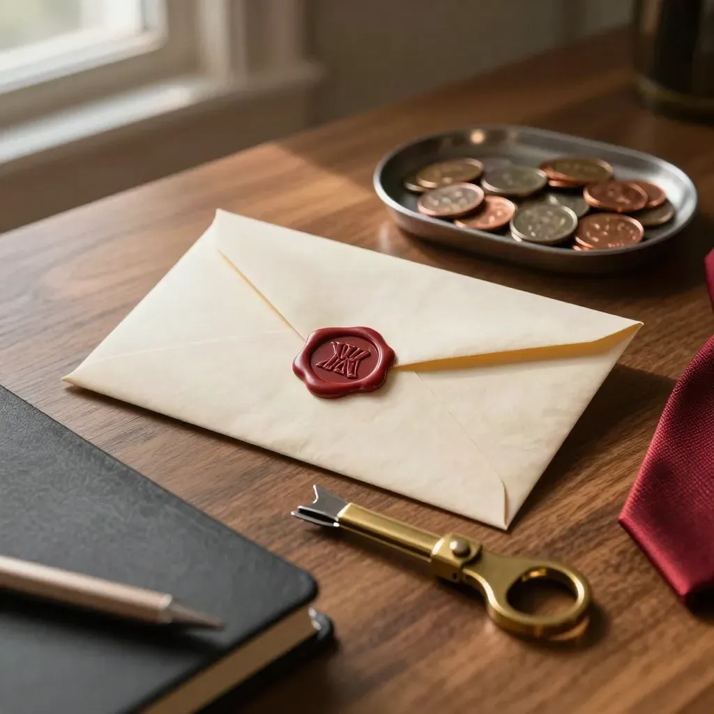 Sealed payment envelope, brass opener, notebook and coin tray on a walnut desk corner.