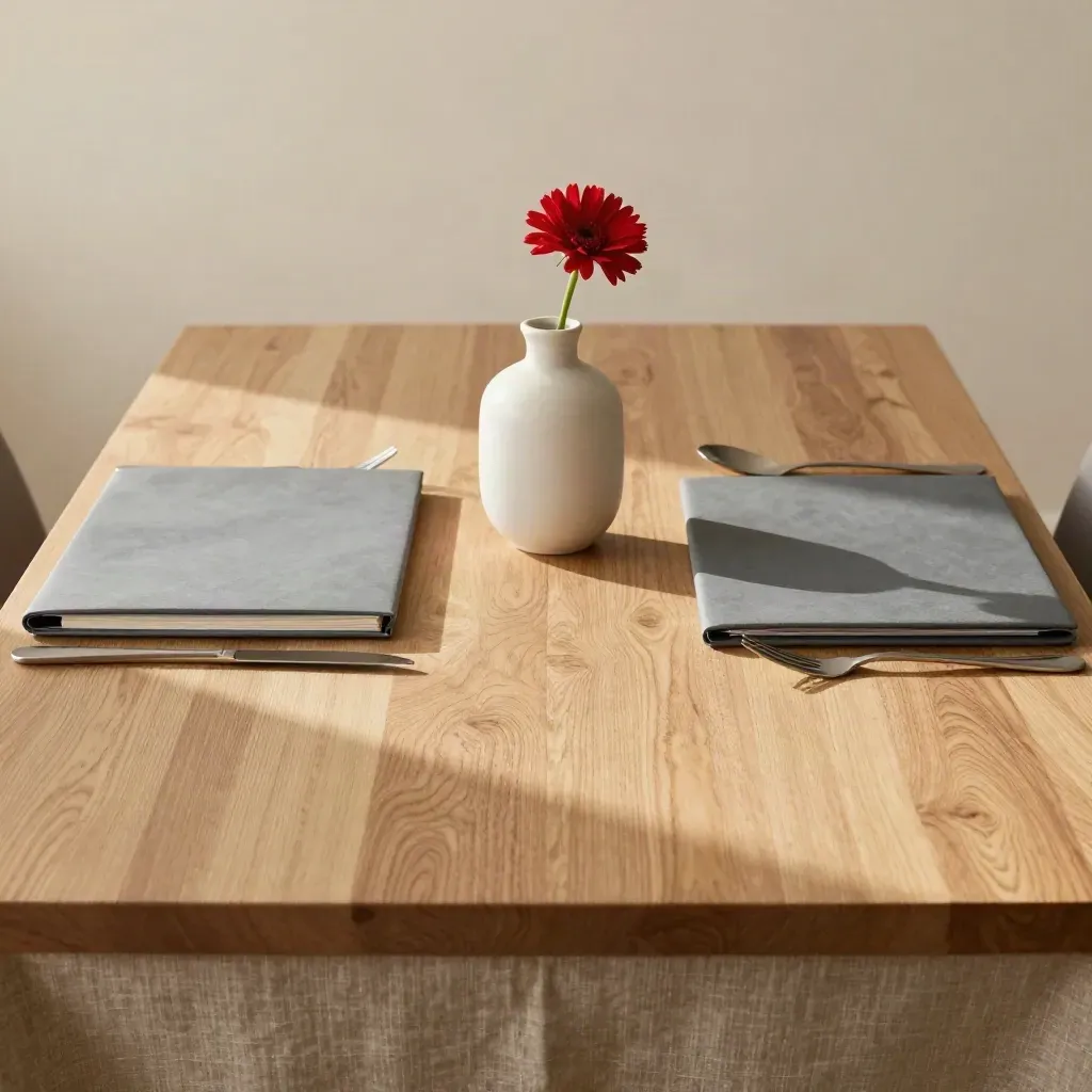 Reset family table with two place settings, red vase and closed folders in soft Cardiff afternoon light