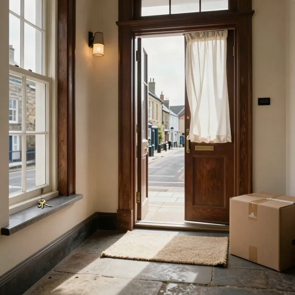 Brass keys, ivory mat, and a moving box by an open door in a Swansea terrace entryway.