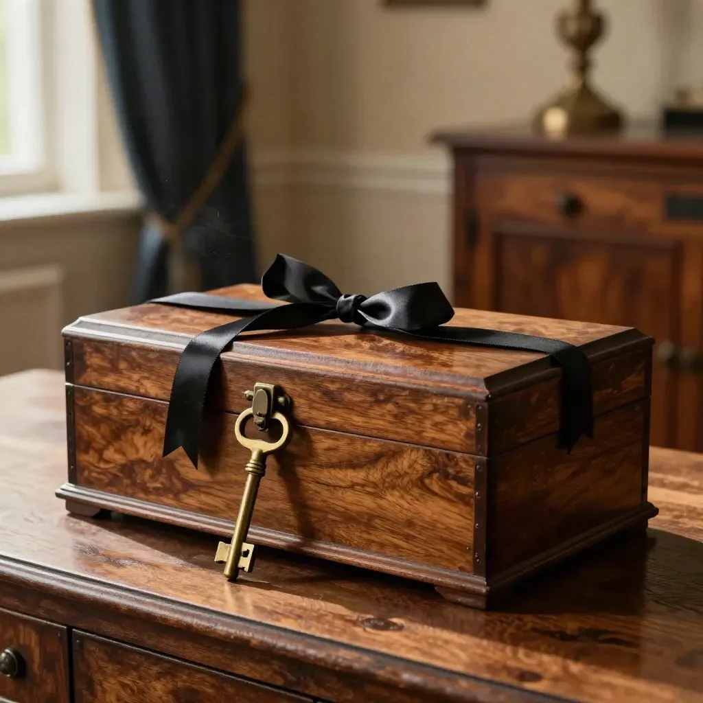 Closed cedar estate box with brass key and black ribbon on a walnut sideboard in warm window light.
