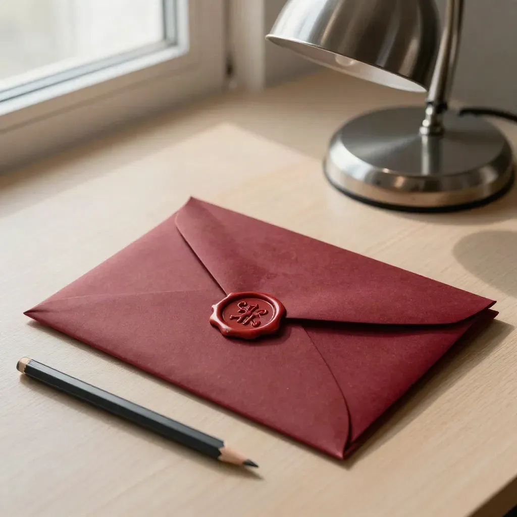 Sealed compensation envelope, red folder, pencil and desk lamp on a tidy legal desk.