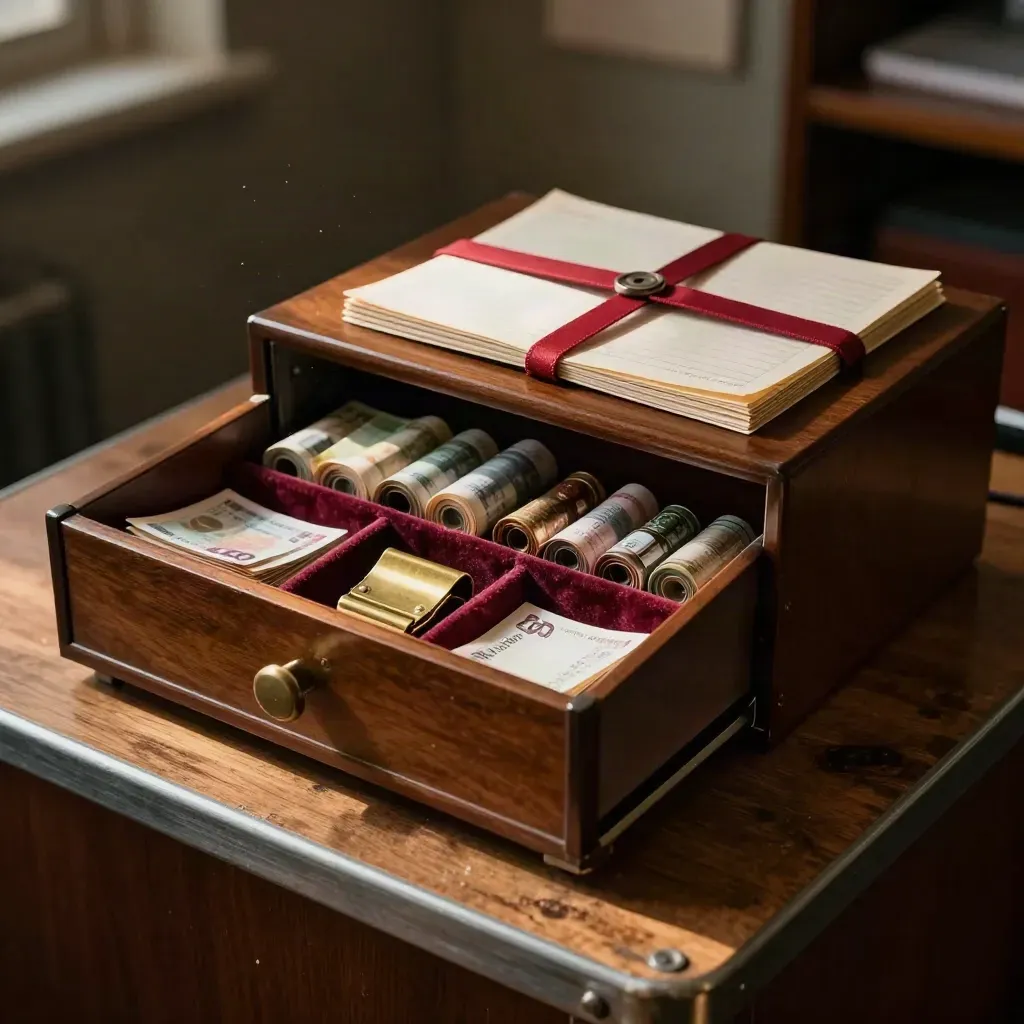 Cash drawer with notes, coin rolls and ledger box lit by warm office light