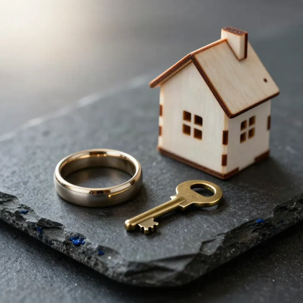 Wedding bands, brass house key and wooden house model on dark stone in a family-law still life.