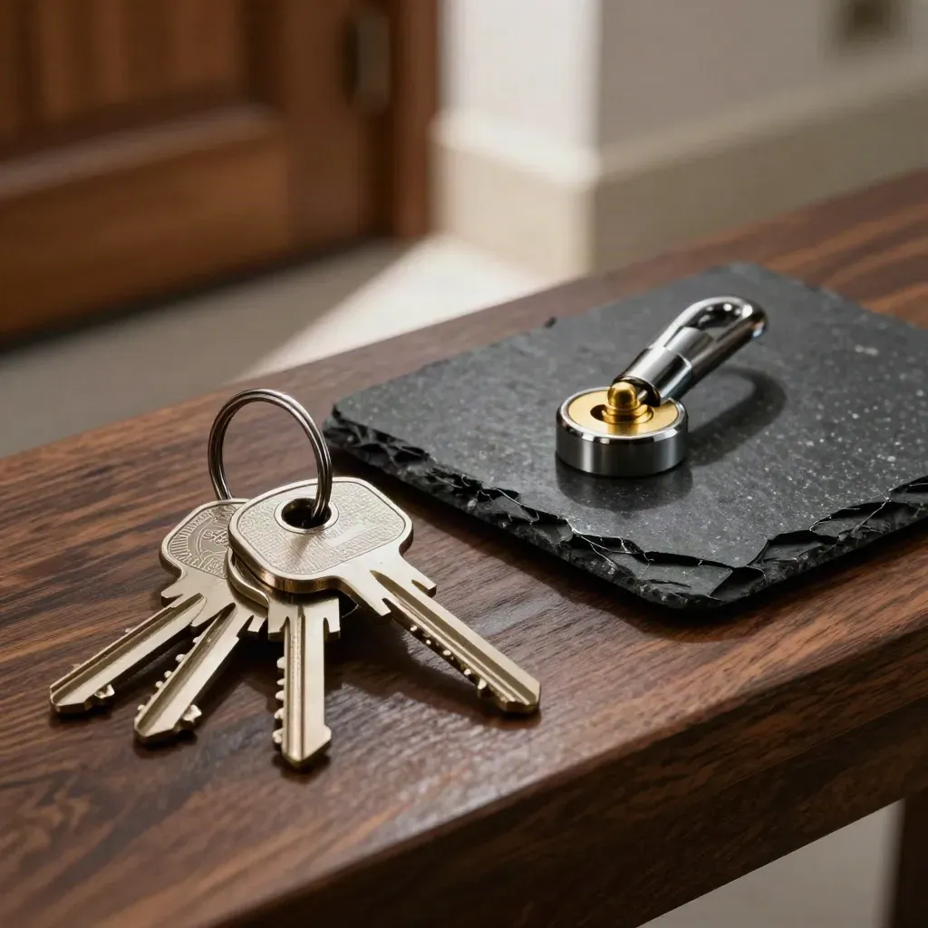 Key ring, mortice lock cylinder and slate tile on a dark bench, low dramatic still life.