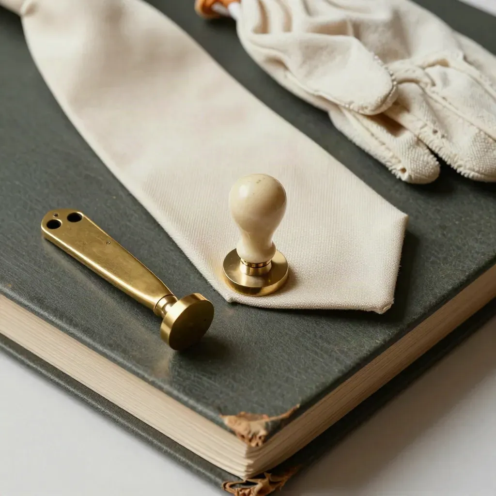 Close-up of probate archive materials: wax seal, brass letter opener, linen gloves, archival board.