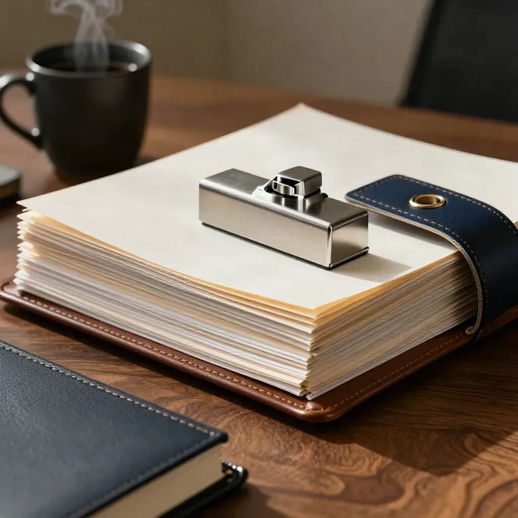 Legal desk close-up with leather folio, paperweight, coffee cup and steam on walnut.