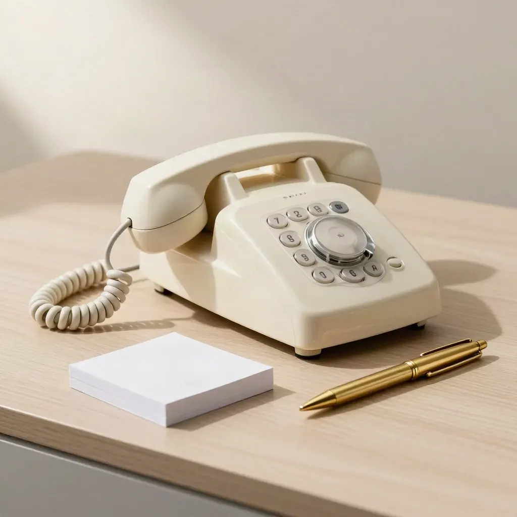 Cream desk phone with lifted handset beside a blank note cube and brass pen on pale wood.