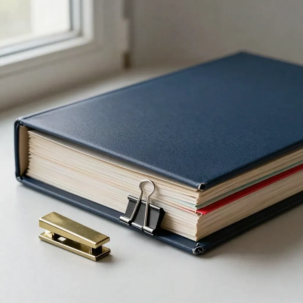 Navy case file with dividers, clips and a brass staple remover on pale plaster.