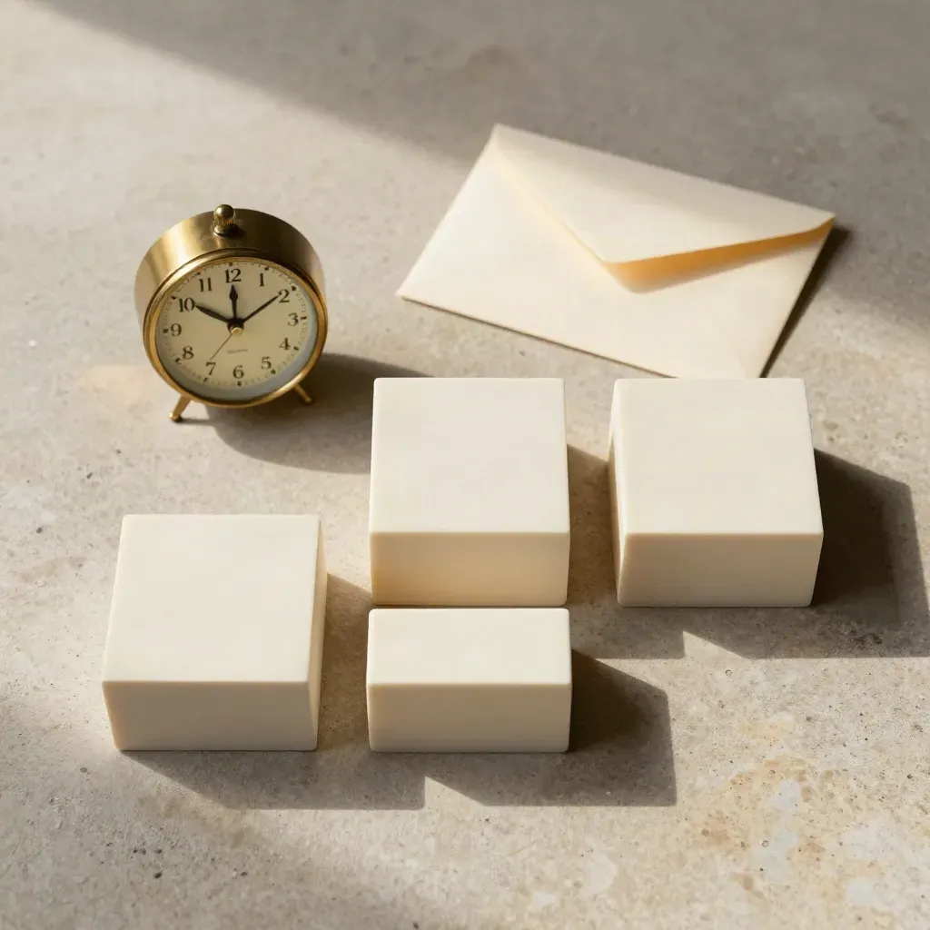 Overhead still life of ivory blocks, brass clock and sealed envelope on pale stone.