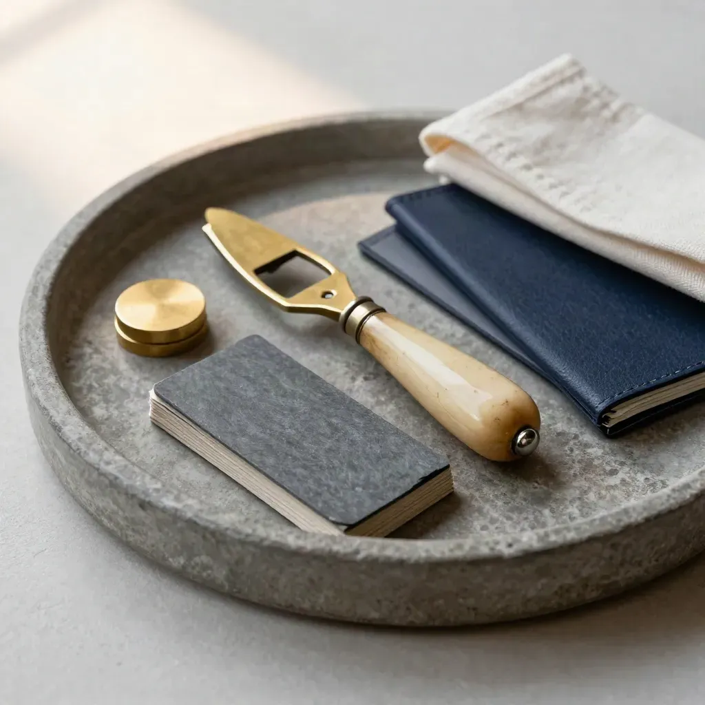 Brass legal stationery on a stone tray with navy file pockets and a seal stamp