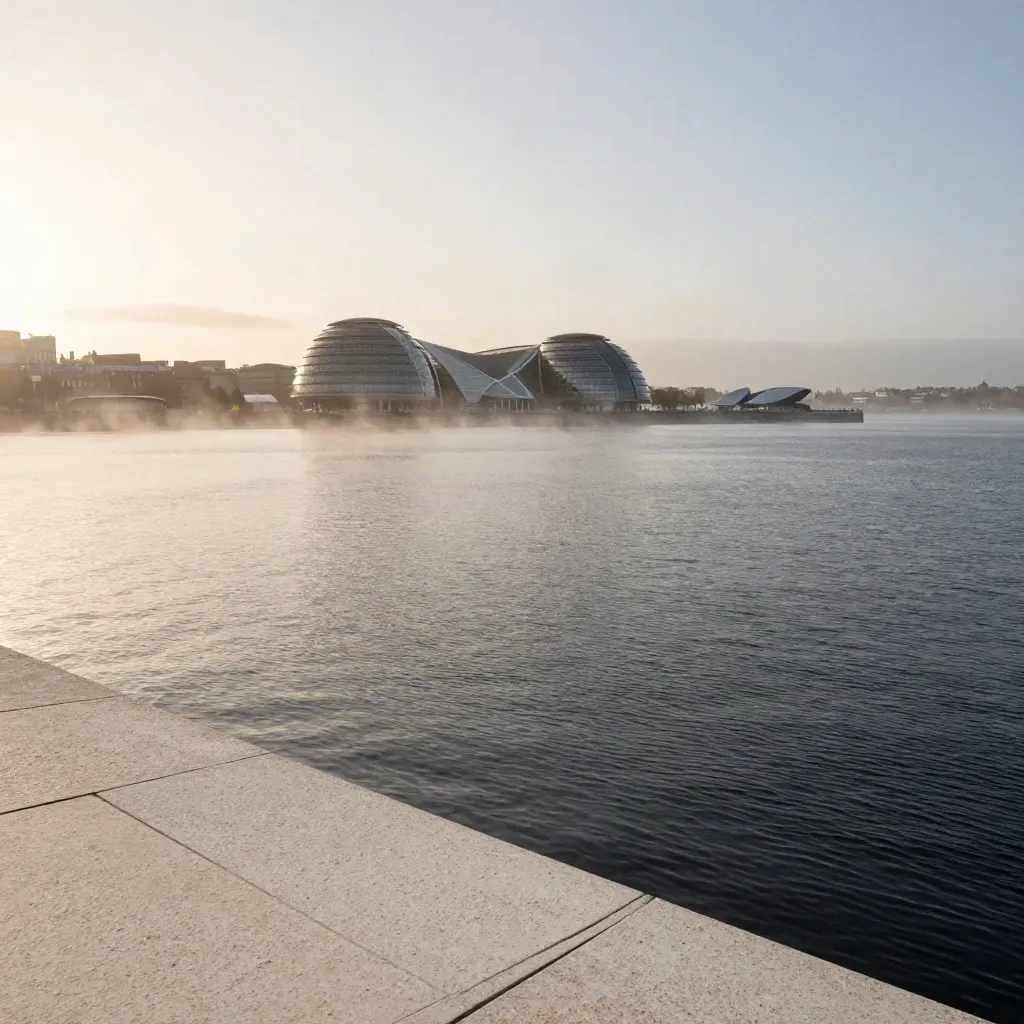 Cardiff Bay at dawn with the Senedd silhouette above calm hazy water