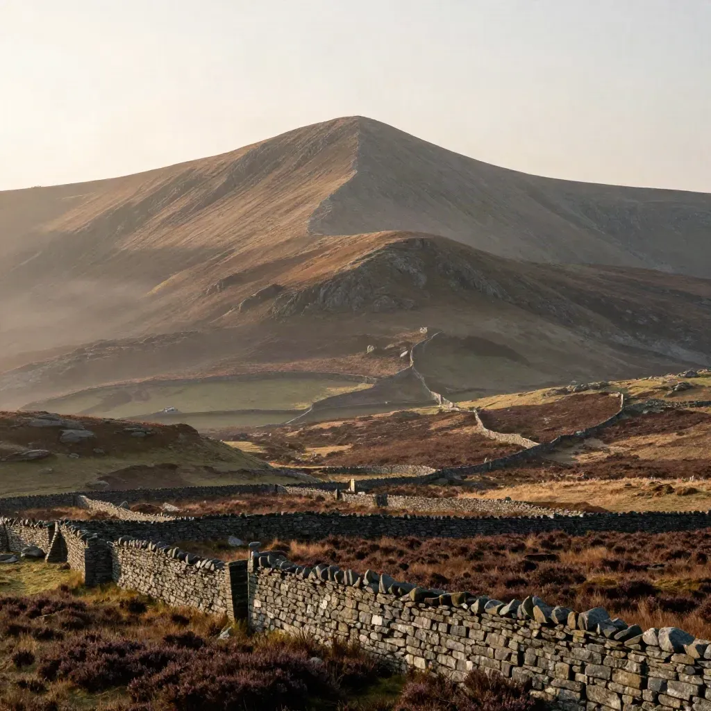 Misty North Wales ridge above heather and stone walls, calm valley for headline copy.