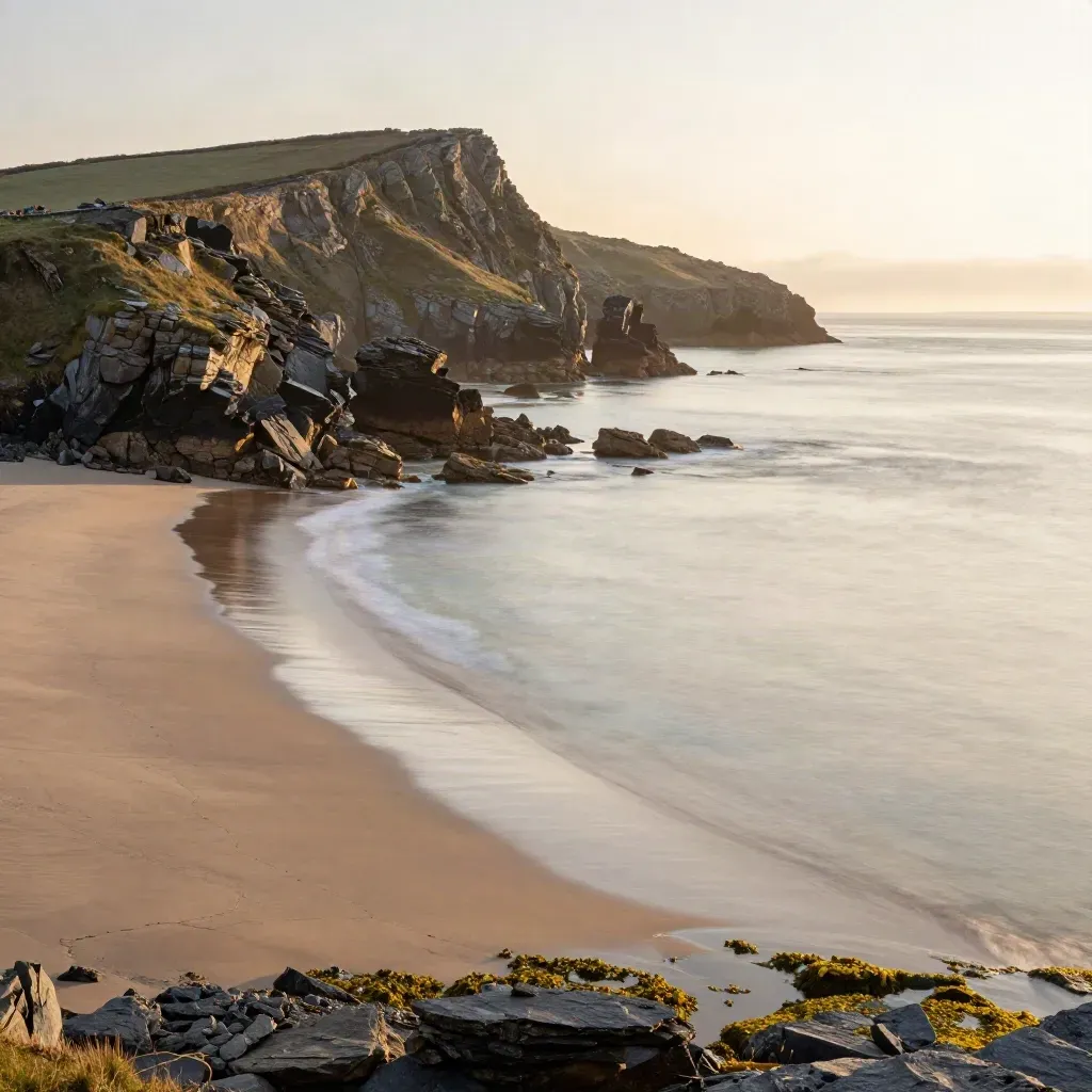 Sunset West Wales coastline with distant headland, warm cliffs and calm sea.