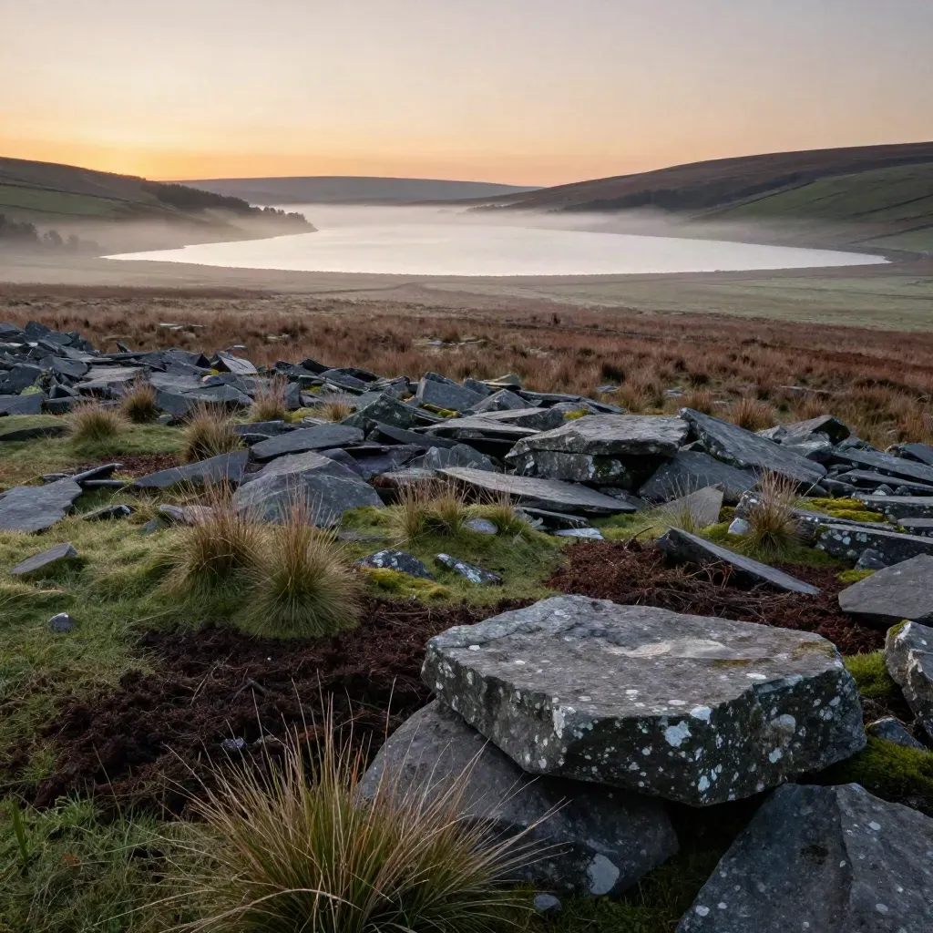 Misty Mid Wales moorland and reservoir edges with stone and grass under warm dusk haze